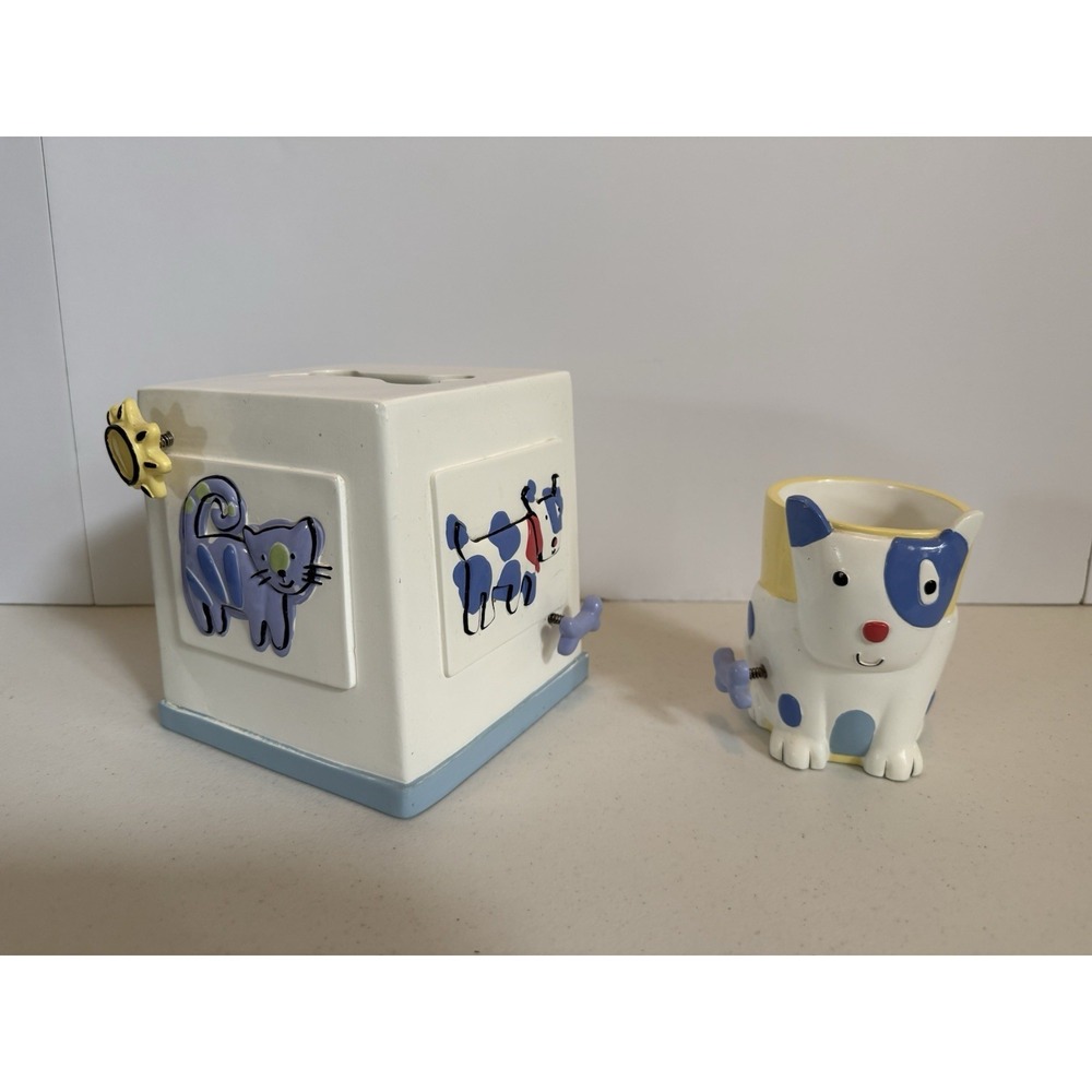 Jenny Jeff Designs Cats and Dogs Tissue Box Holder and Cup Bathroom decor